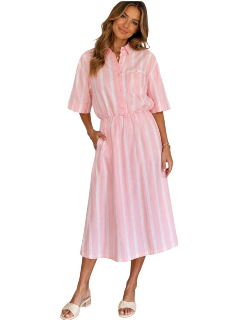 Vintage Rhymes Pink & White Striped Shirt Midi Dress Size 8